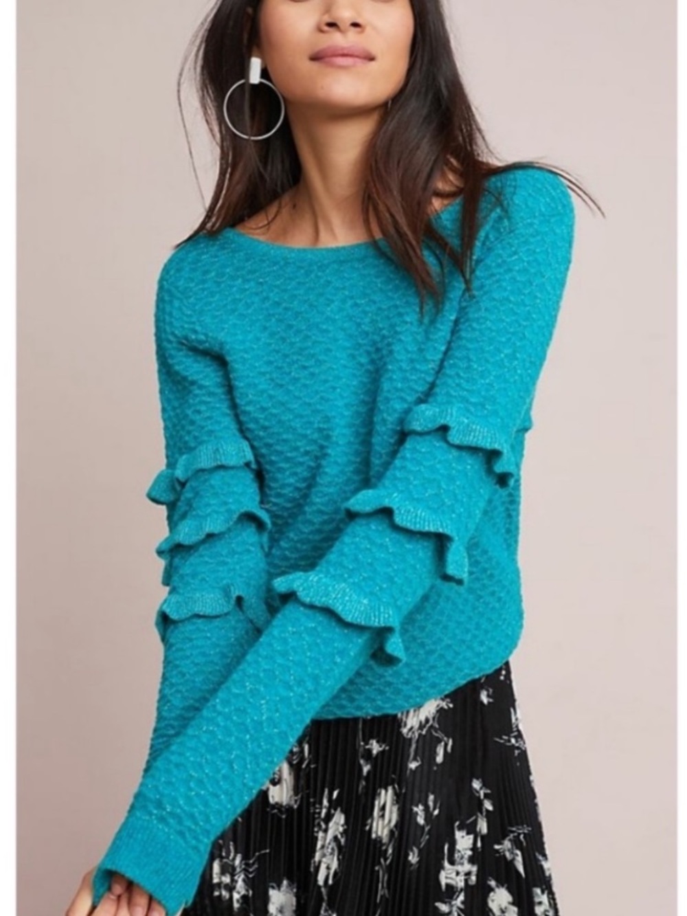 XS Anthropologie New Without Tags- Teal Ruffle Sleeve Sweater